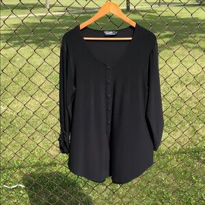 SYMPLI Henley Black Size 16 Top Ruched 3/4 Sleeve Faux 5- Button Front #1231